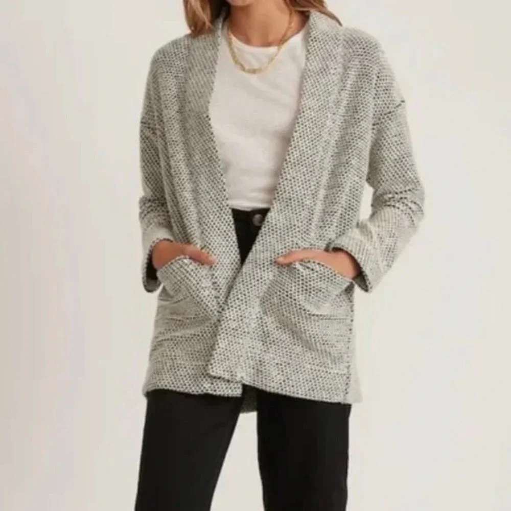 Marine Layer Birdseye Open Front Cardigan Womens Medium Long Textured Blue White